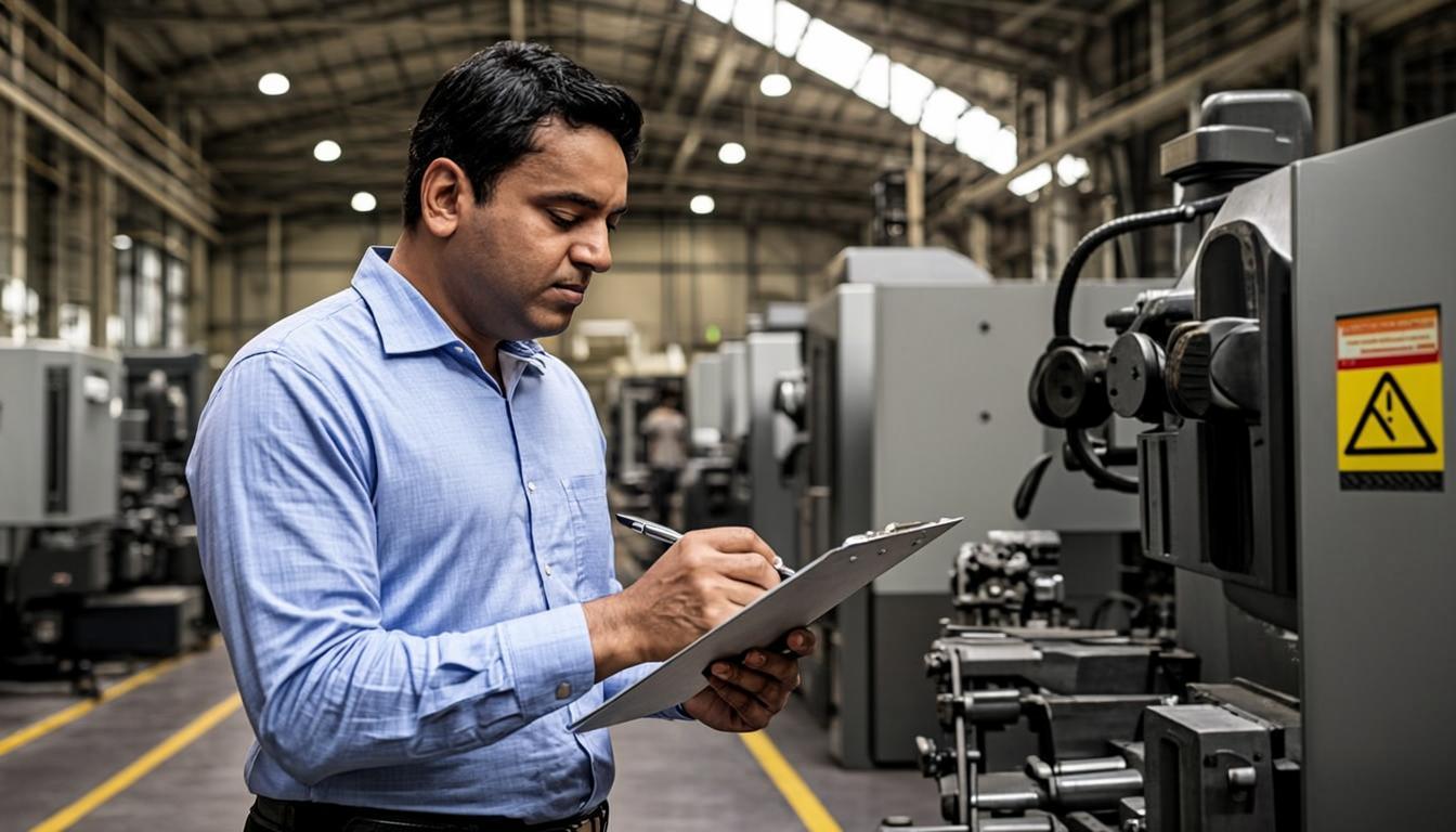 ISO audit checklist document with checklist items and auditor reviewing compliance records